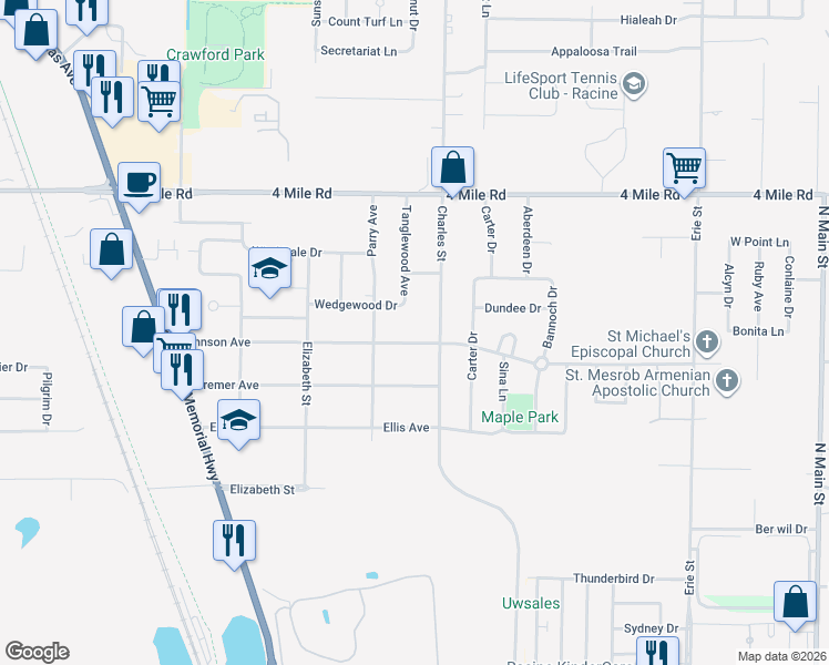 map of restaurants, bars, coffee shops, grocery stores, and more near 1503 Johnson Avenue in Racine