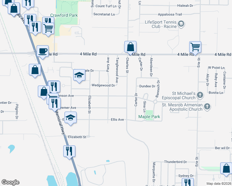 map of restaurants, bars, coffee shops, grocery stores, and more near 1503 Johnson Avenue in Racine