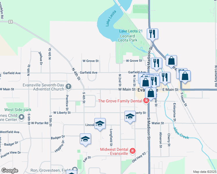 map of restaurants, bars, coffee shops, grocery stores, and more near 249 West Main Street in Evansville