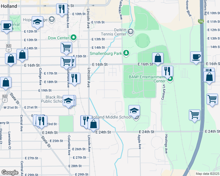 map of restaurants, bars, coffee shops, grocery stores, and more near 285 East 19th Street in Holland