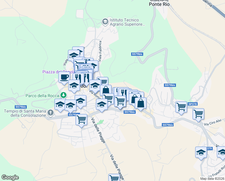 map of restaurants, bars, coffee shops, grocery stores, and more near Viale San Filippo in Todi