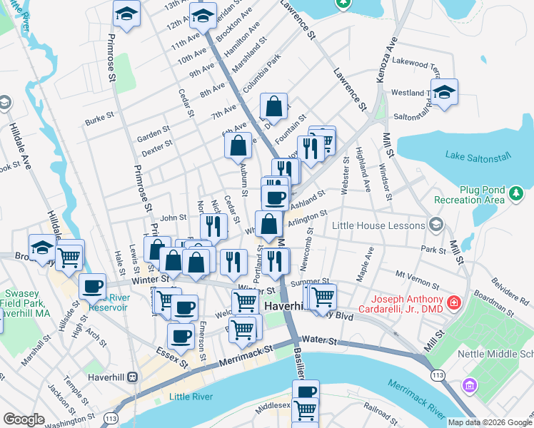map of restaurants, bars, coffee shops, grocery stores, and more near 71 Portland Street in Haverhill