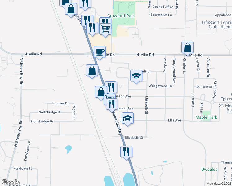 map of restaurants, bars, coffee shops, grocery stores, and more near 1917 Johnson Avenue in Racine
