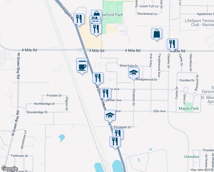 map of restaurants, bars, coffee shops, grocery stores, and more near 1917 Johnson Avenue in Racine