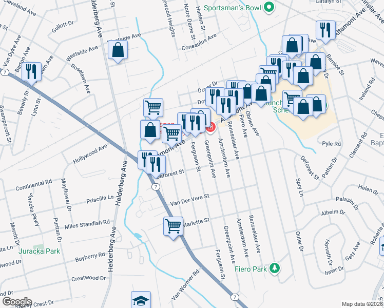 map of restaurants, bars, coffee shops, grocery stores, and more near 1768 Ferguson Street in Schenectady