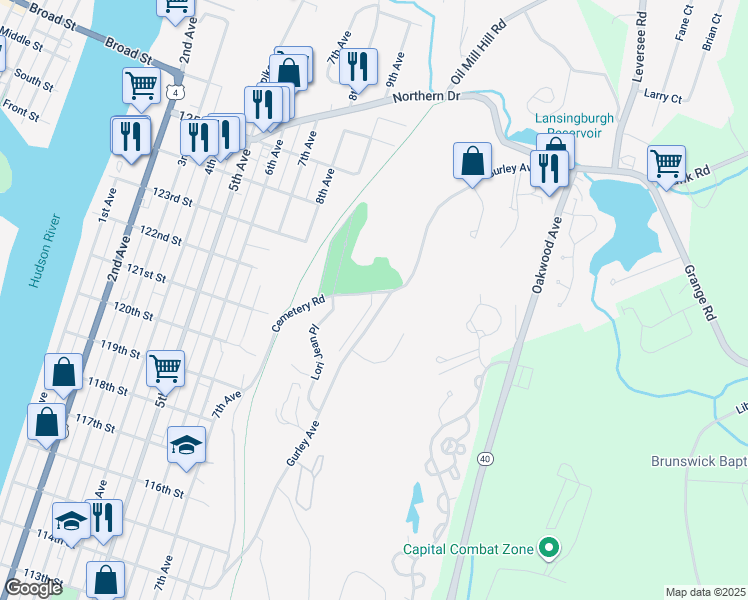 map of restaurants, bars, coffee shops, grocery stores, and more near 47 Gurley Avenue in Troy