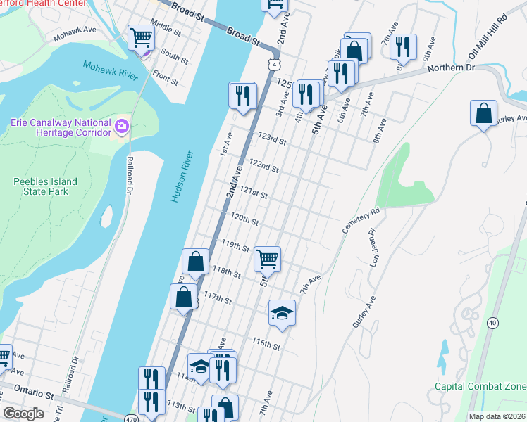 map of restaurants, bars, coffee shops, grocery stores, and more near 723 4th Avenue in Troy
