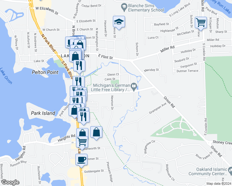 map of restaurants, bars, coffee shops, grocery stores, and more near 339 Newton Drive in Orion charter Township