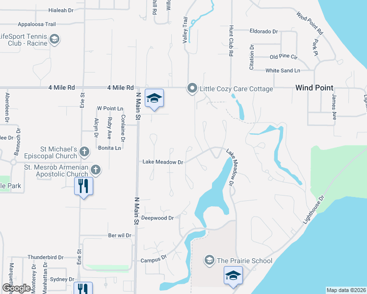 map of restaurants, bars, coffee shops, grocery stores, and more near 8 Maplewood Court in Wind Point