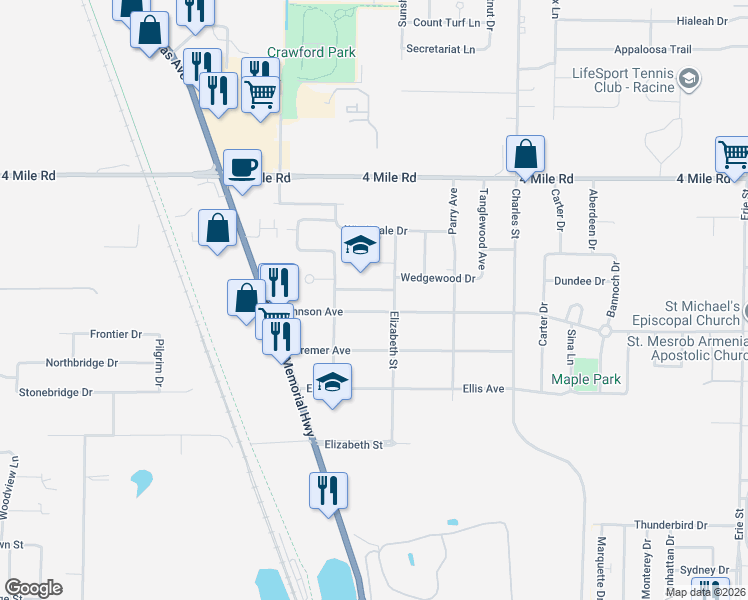 map of restaurants, bars, coffee shops, grocery stores, and more near 1723 Johnson Avenue in Racine