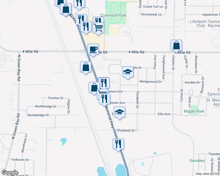 map of restaurants, bars, coffee shops, grocery stores, and more near 1917 Johnson Avenue in Racine