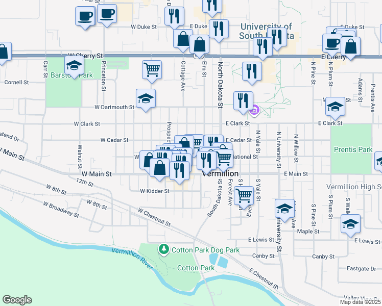 map of restaurants, bars, coffee shops, grocery stores, and more near in Vermillion