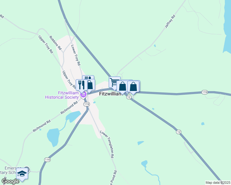 map of restaurants, bars, coffee shops, grocery stores, and more near 11 New Hampshire 119 West in Fitzwilliam