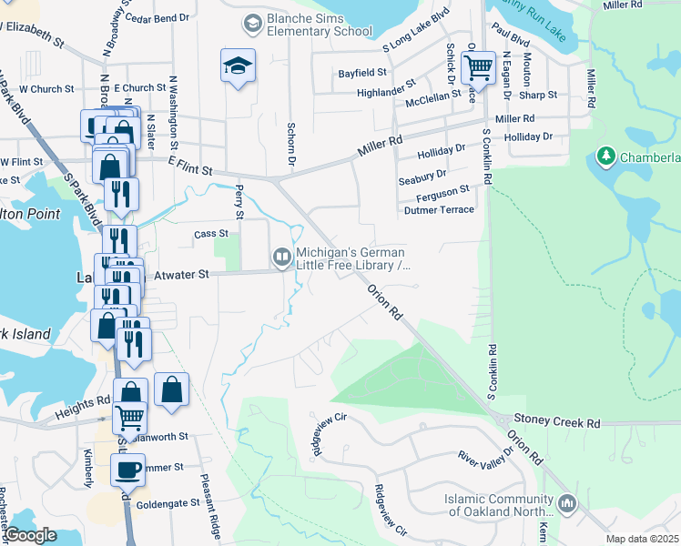 map of restaurants, bars, coffee shops, grocery stores, and more near 831 Corners Court in Orion charter Township