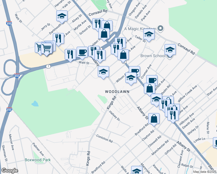 map of restaurants, bars, coffee shops, grocery stores, and more near 2660 Albany Street in Schenectady