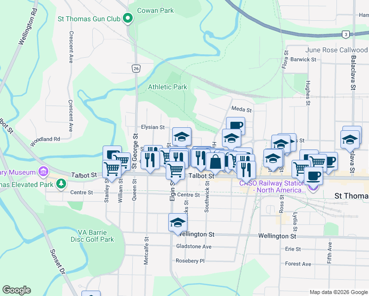 map of restaurants, bars, coffee shops, grocery stores, and more near 10 Penwarden Street in Saint Thomas