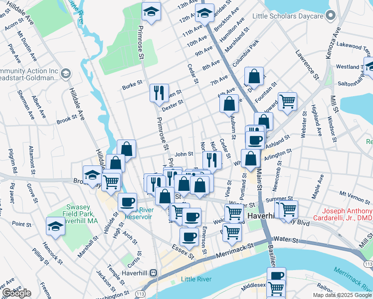 map of restaurants, bars, coffee shops, grocery stores, and more near 132 Franklin Street in Haverhill