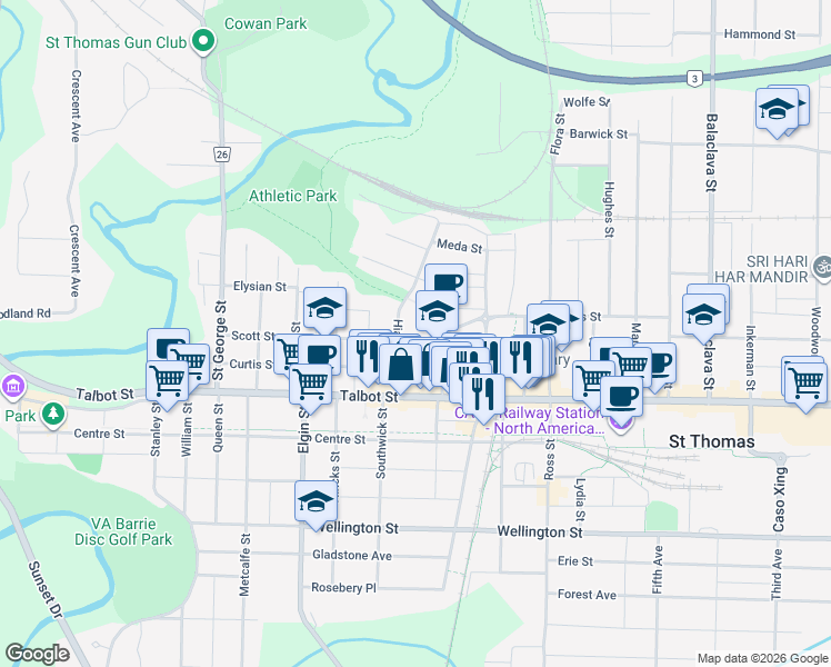map of restaurants, bars, coffee shops, grocery stores, and more near 48 Mondamin Street in St. Thomas