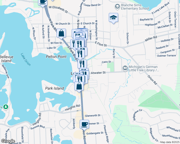 map of restaurants, bars, coffee shops, grocery stores, and more near 155 Atwater Street in Orion charter Township