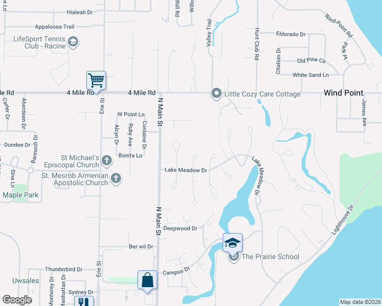 map of restaurants, bars, coffee shops, grocery stores, and more near 4 Birchwood Court in Wind Point