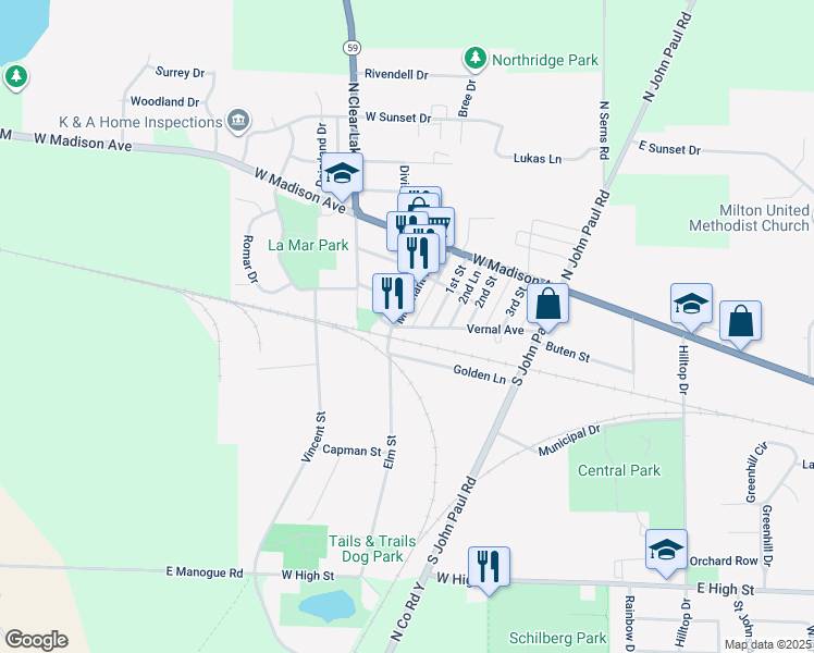 map of restaurants, bars, coffee shops, grocery stores, and more near 202 Merchant Row in Milton