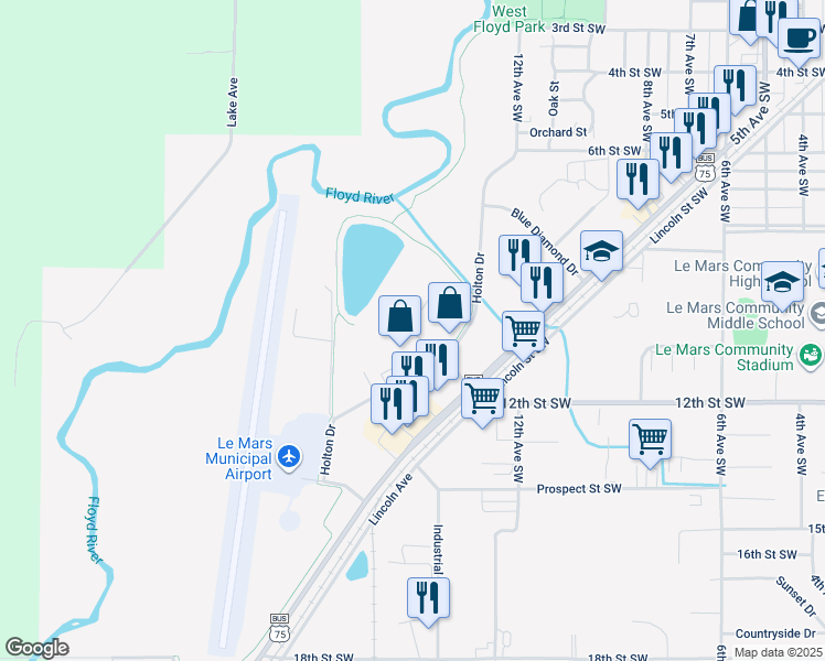 map of restaurants, bars, coffee shops, grocery stores, and more near 1319 Holton Drive in Le Mars