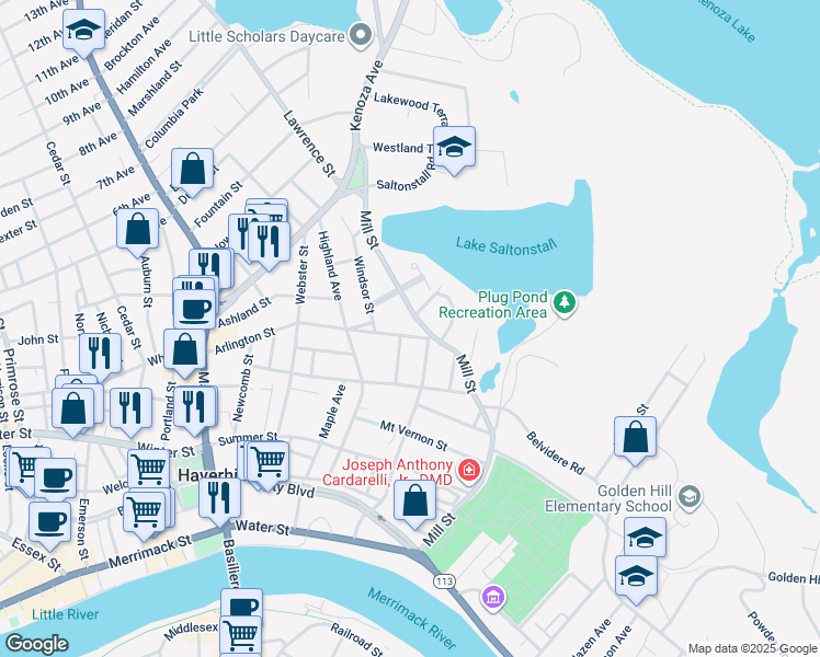 map of restaurants, bars, coffee shops, grocery stores, and more near 144 Arlington Street in Haverhill