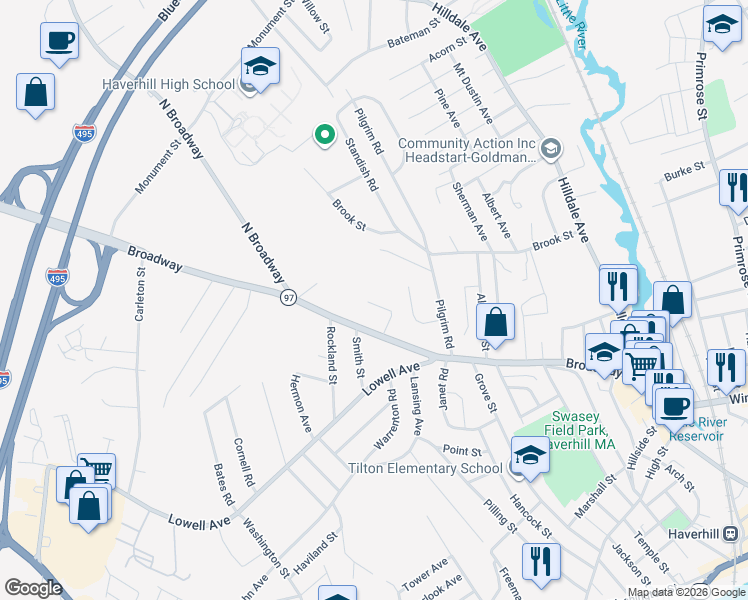 map of restaurants, bars, coffee shops, grocery stores, and more near 1 Ball Street in Haverhill