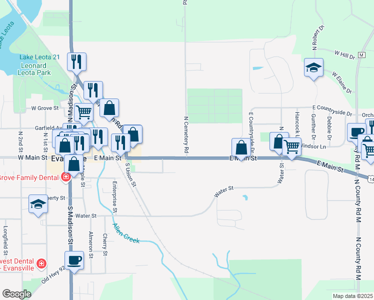 map of restaurants, bars, coffee shops, grocery stores, and more near 8012 North Cemetery Road in Evansville