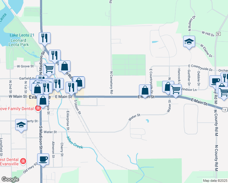 map of restaurants, bars, coffee shops, grocery stores, and more near 8012 North Cemetery Road in Evansville