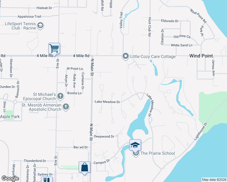 map of restaurants, bars, coffee shops, grocery stores, and more near 4 Birchwood Court in Wind Point
