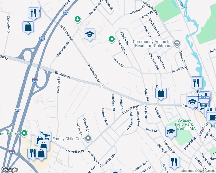 map of restaurants, bars, coffee shops, grocery stores, and more near 239 Broadway in Haverhill
