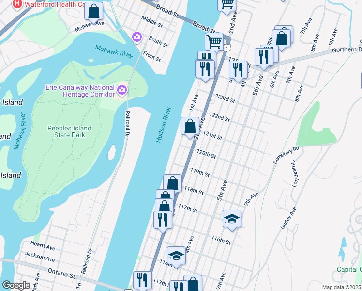 map of restaurants, bars, coffee shops, grocery stores, and more near 2 120th Street in Troy