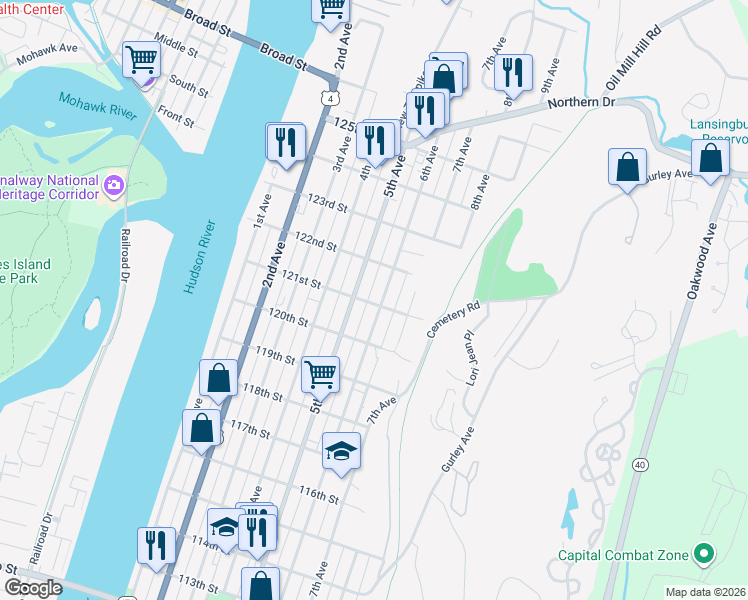 map of restaurants, bars, coffee shops, grocery stores, and more near 777 6th Avenue in Troy