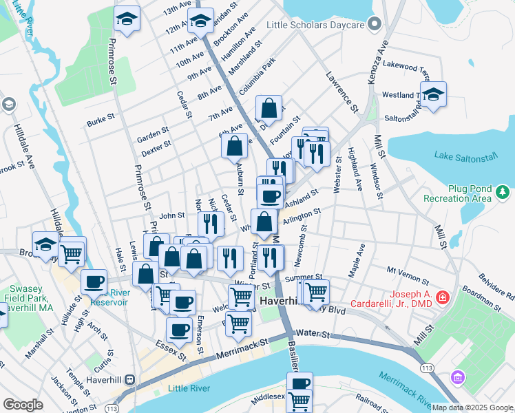 map of restaurants, bars, coffee shops, grocery stores, and more near 94 Portland Street in Haverhill