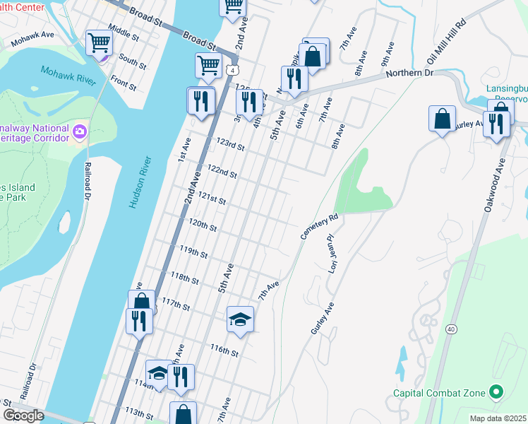 map of restaurants, bars, coffee shops, grocery stores, and more near 777 6th Avenue in Troy