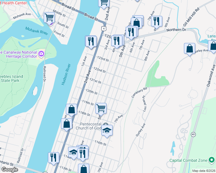 map of restaurants, bars, coffee shops, grocery stores, and more near 774 4th Avenue in Troy