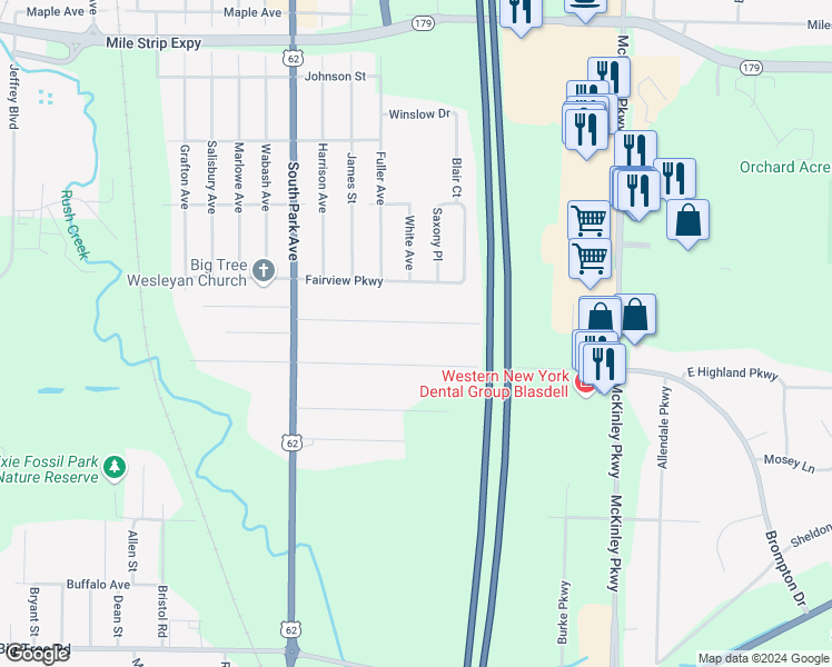 map of restaurants, bars, coffee shops, grocery stores, and more near 4310 Abbott Parkway in Buffalo