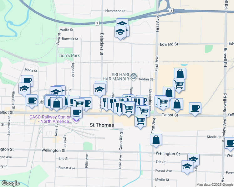 map of restaurants, bars, coffee shops, grocery stores, and more near 2 Ukrainian Street in St. Thomas