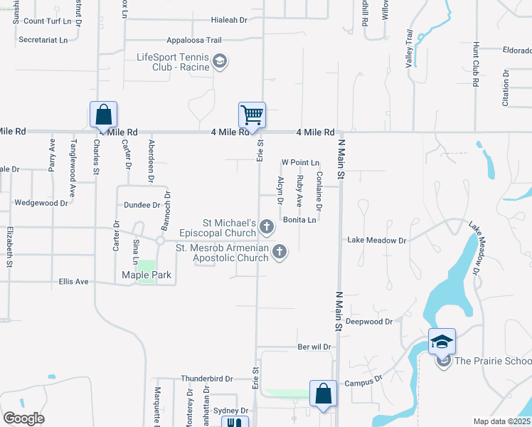 map of restaurants, bars, coffee shops, grocery stores, and more near 533 Pointmere Lane West in Racine