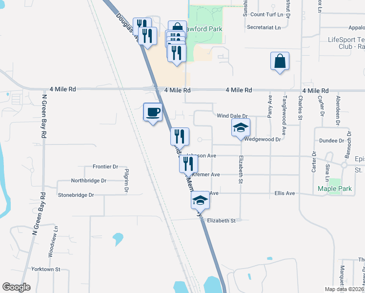 map of restaurants, bars, coffee shops, grocery stores, and more near 4743 Douglas Avenue in Racine