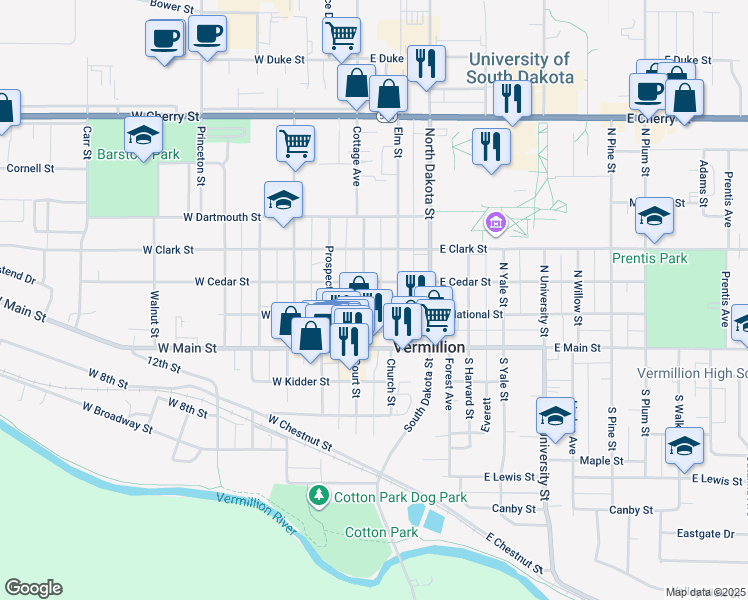 map of restaurants, bars, coffee shops, grocery stores, and more near 2-48 East Cedar Street in Vermillion