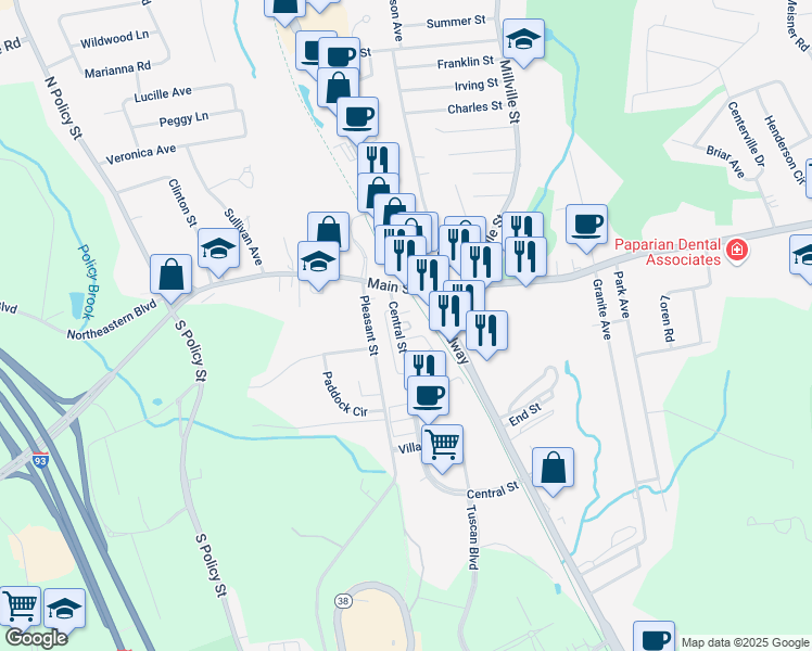 map of restaurants, bars, coffee shops, grocery stores, and more near 9 Central Street in Salem