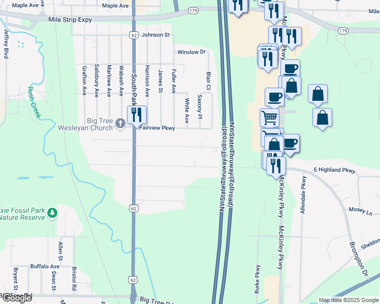 map of restaurants, bars, coffee shops, grocery stores, and more near 4310 Abbott Parkway in Buffalo