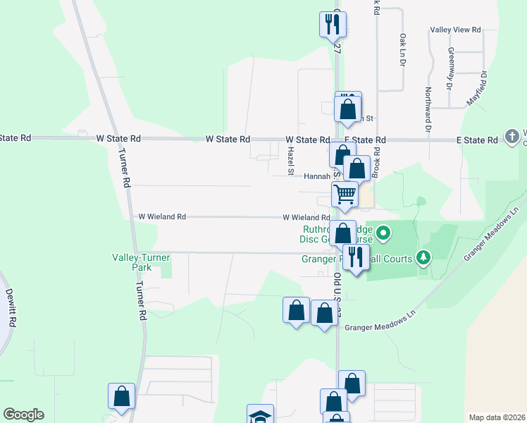 map of restaurants, bars, coffee shops, grocery stores, and more near 1252 West Wieland Road in Lansing