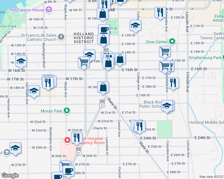 map of restaurants, bars, coffee shops, grocery stores, and more near 24 West 18th Street in Holland