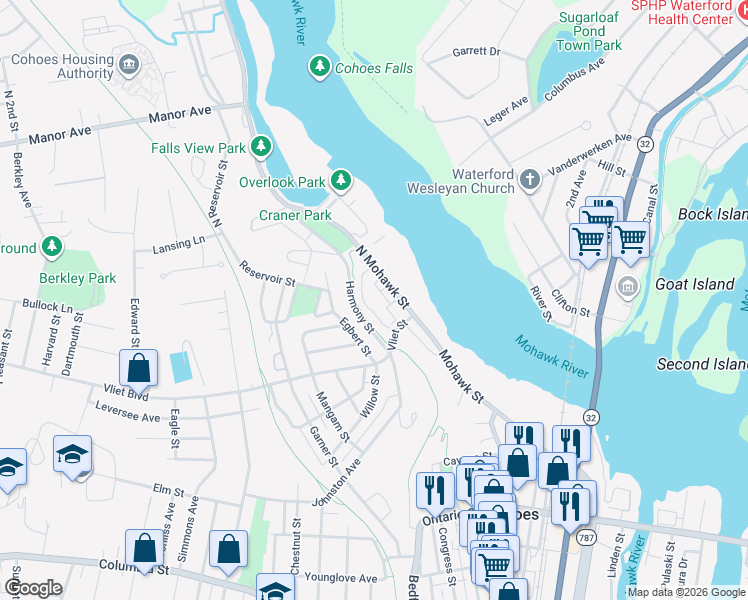 map of restaurants, bars, coffee shops, grocery stores, and more near 100 North Mohawk Street in Cohoes