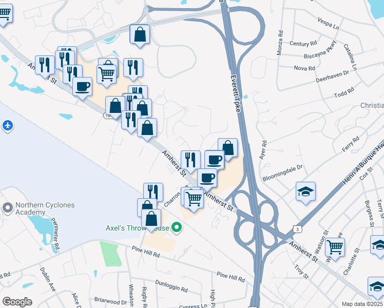 map of restaurants, bars, coffee shops, grocery stores, and more near 1 Hampshire Drive in Nashua
