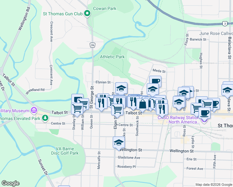 map of restaurants, bars, coffee shops, grocery stores, and more near 10 Penwarden Street in St. Thomas