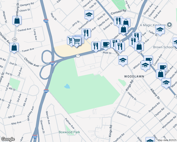 map of restaurants, bars, coffee shops, grocery stores, and more near 10 Queens Drive in Schenectady